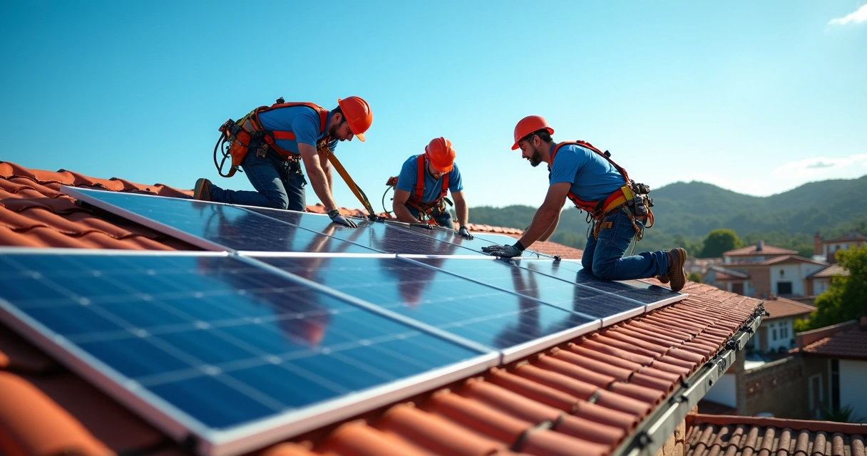Equipe instalando painéis solares em telhado residencial 