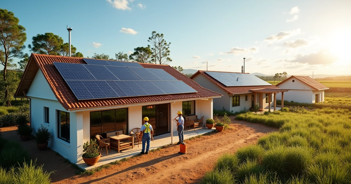 Equipe instalando painel solar em telhado de residência, comércio e área rural. 