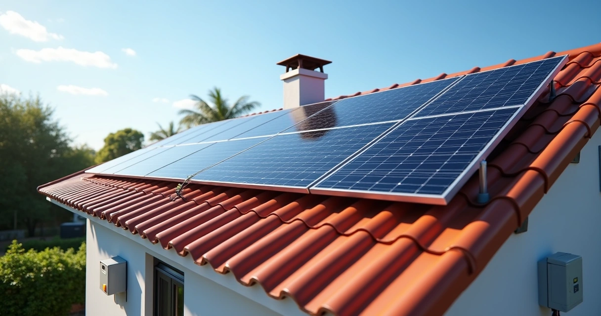 Sistema de painel solar residencial instalado em telhado sob céu azul claro 