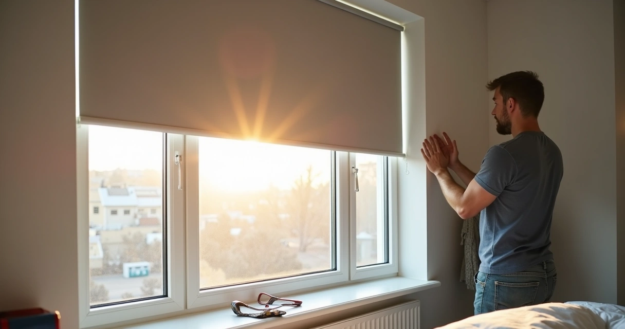 Profissional instalando persiana blackout em janela de quarto de apartamento 