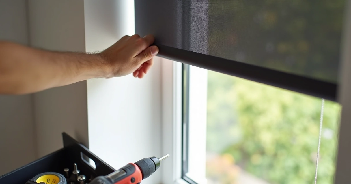 Pessoa instalando persiana rolo blackout em janela de apartamento 