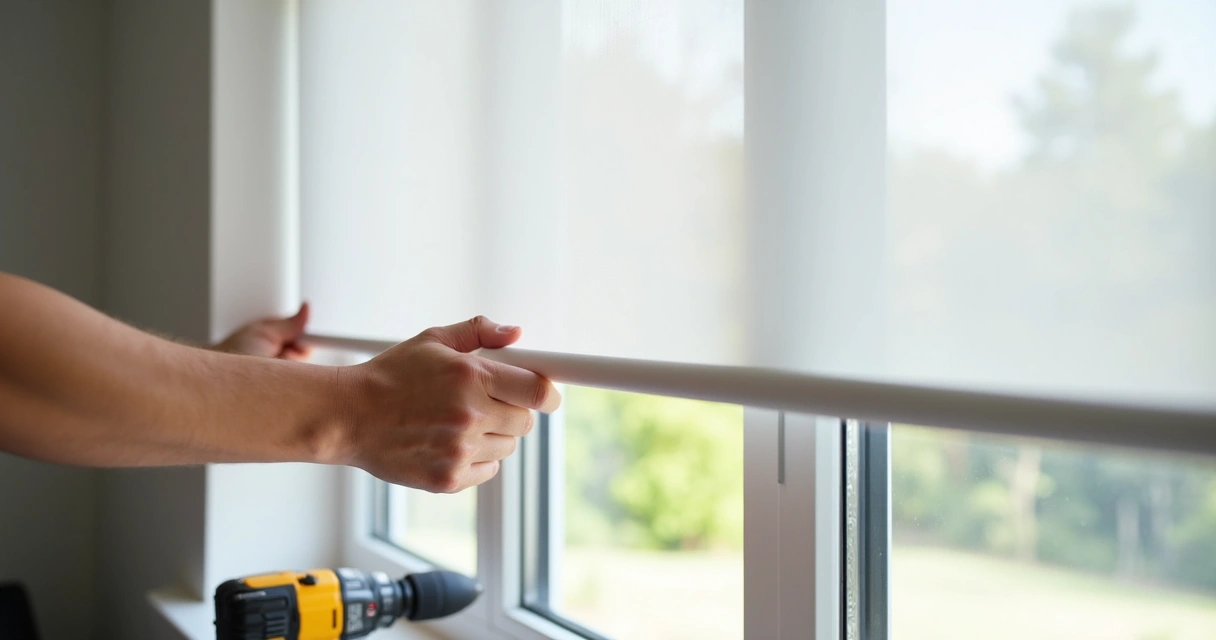 Mãos instalando persiana blackout branca em janela residencial com ferramentas de montagem e detalhes do mecanismo de fixação 