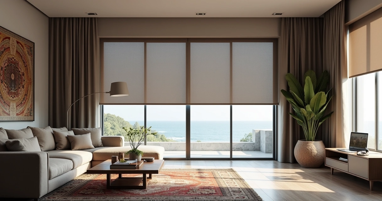 Persiana rolo blackout instalada em janela moderna, ambiente claro e organizado 