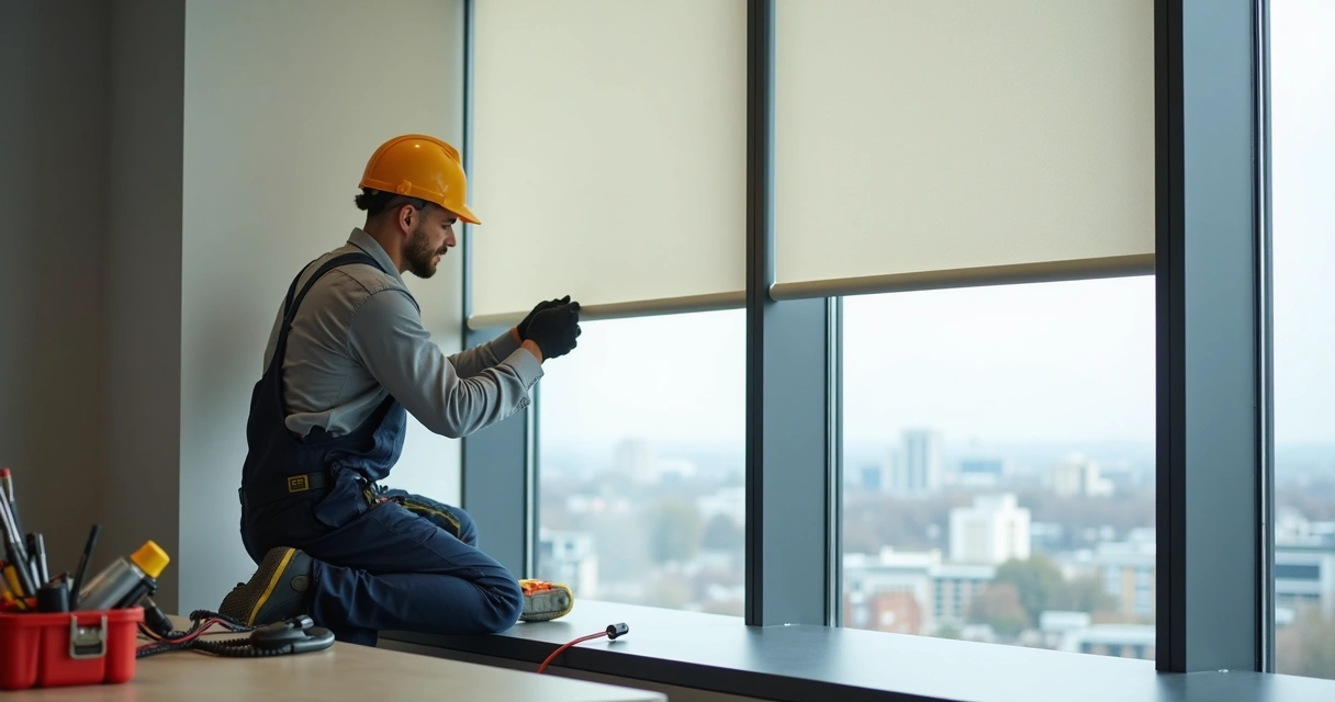 Técnico instalando persiana rolo motorizada em escritório