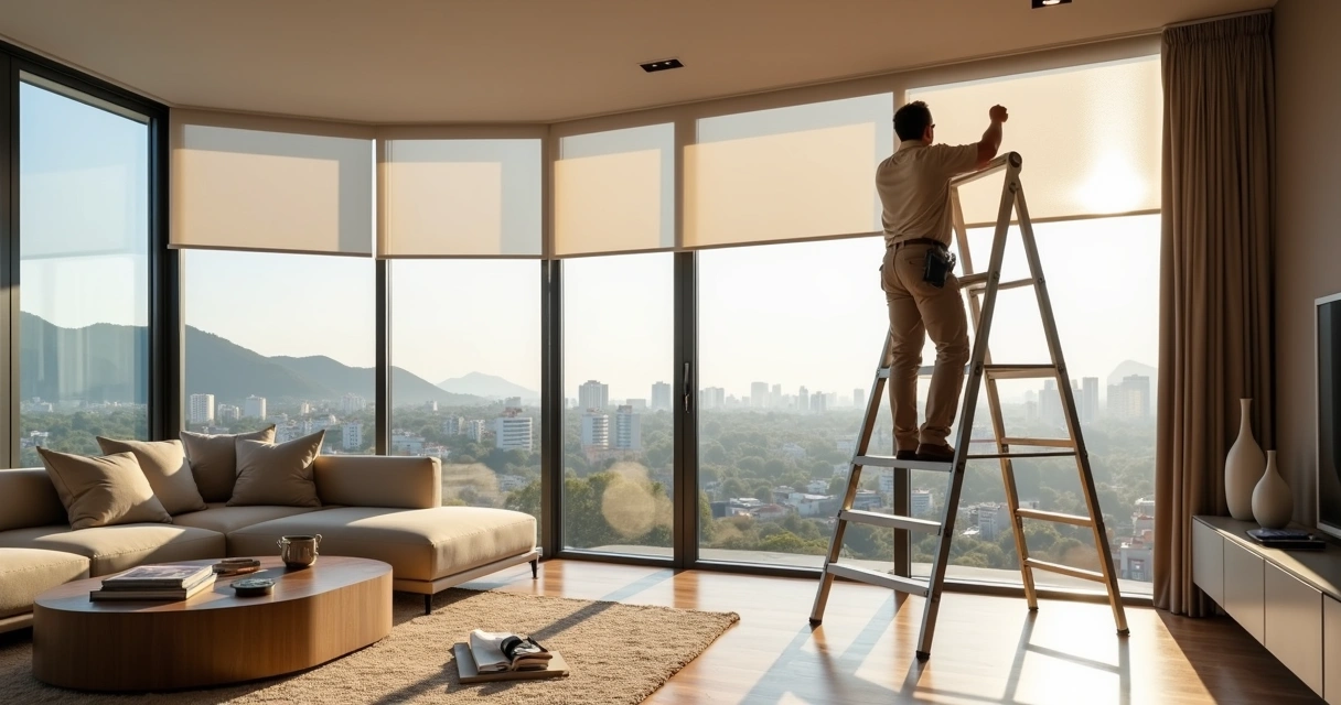 Técnico instalando persiana rolo em sala de apartamento de alto padrão em Curitiba 