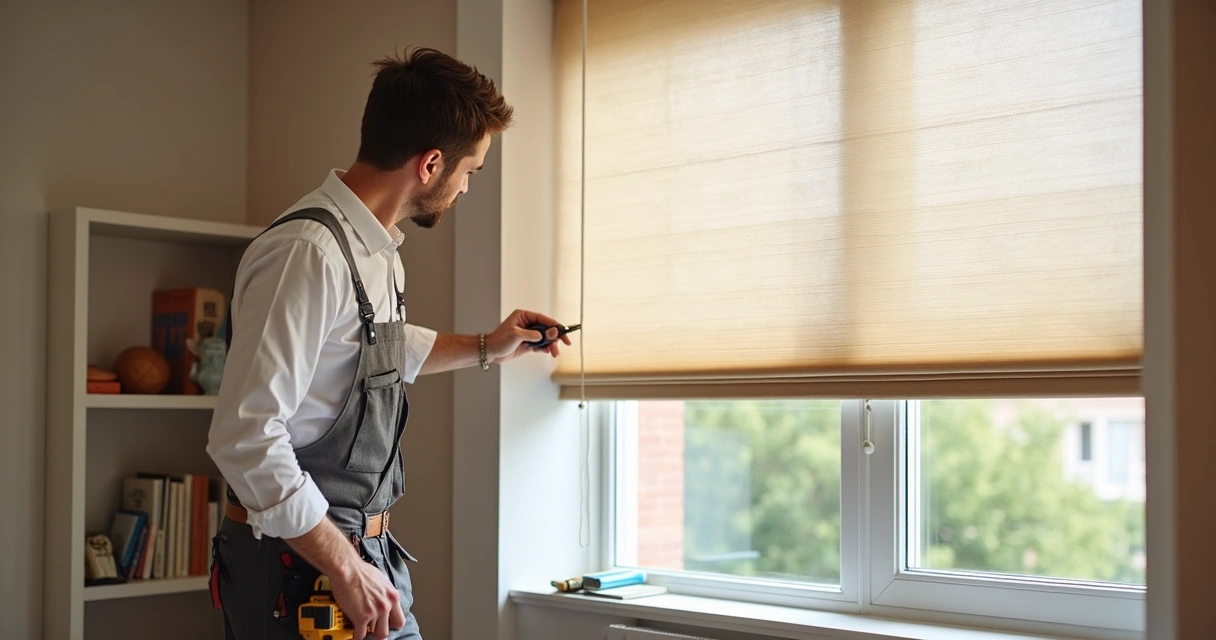 Técnico instalando persiana em janela ampla
