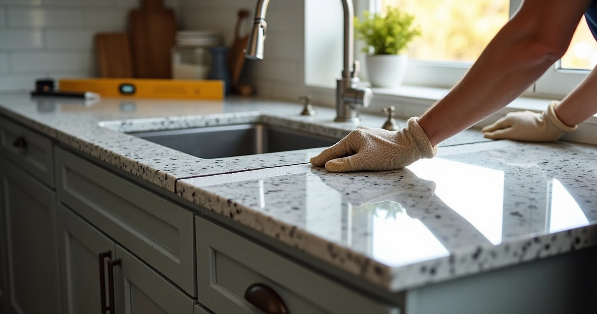 Profissional instalando pia de granito em cozinha moderna 