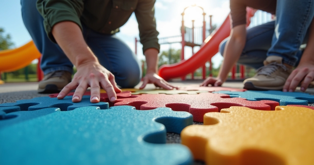 Equipe instalando placas de piso de borracha em playground infantil 