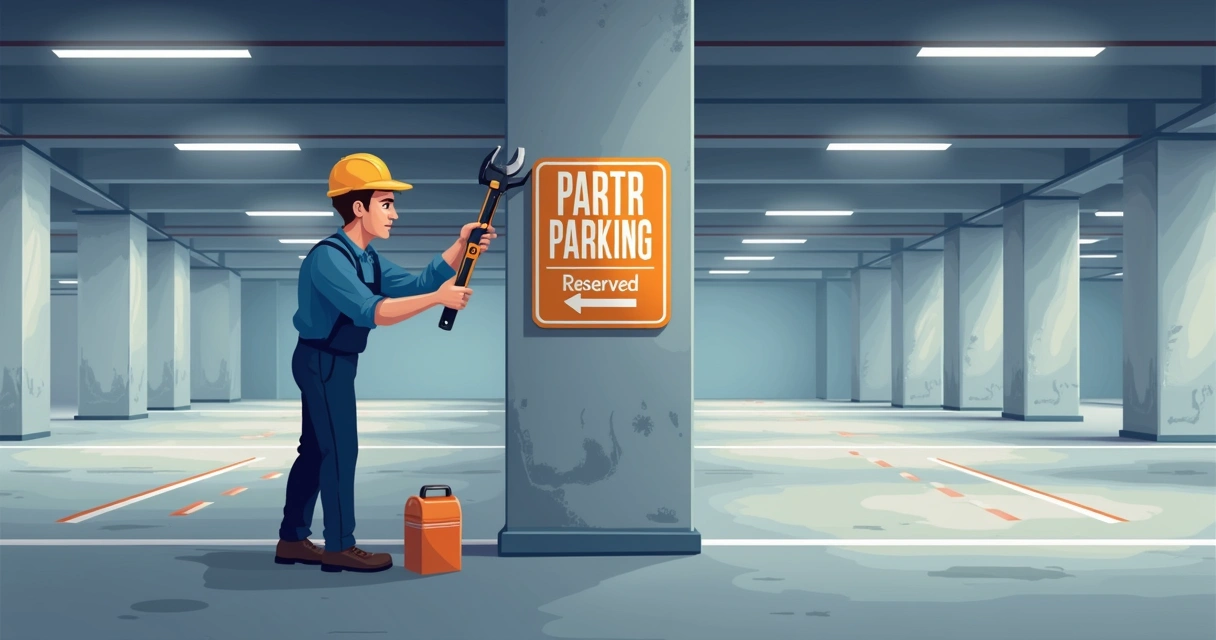 Instalação de placa metálica em coluna de estacionamento