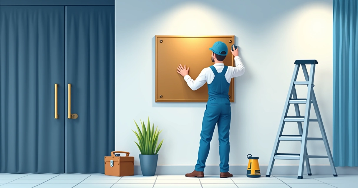 Técnico posicionando placa de inauguração em parede do hall de entrada 