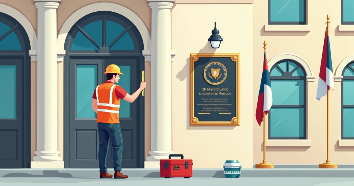 Técnico instalando placa de inauguração em prédio da prefeitura 