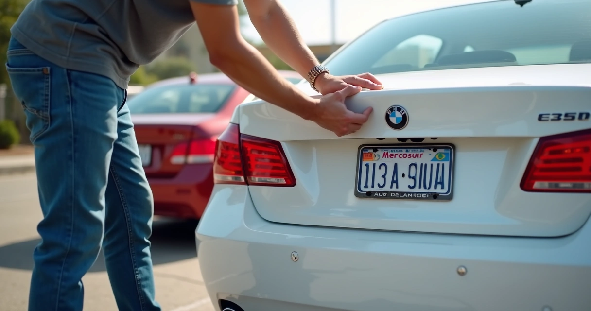 Pessoa instalando nova placa Mercosul em carro 