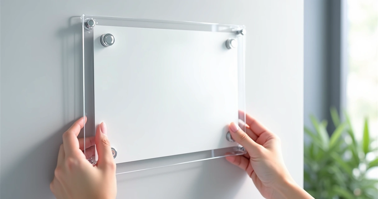 Instalação de placa de sinalização com perfil cristal em parede 