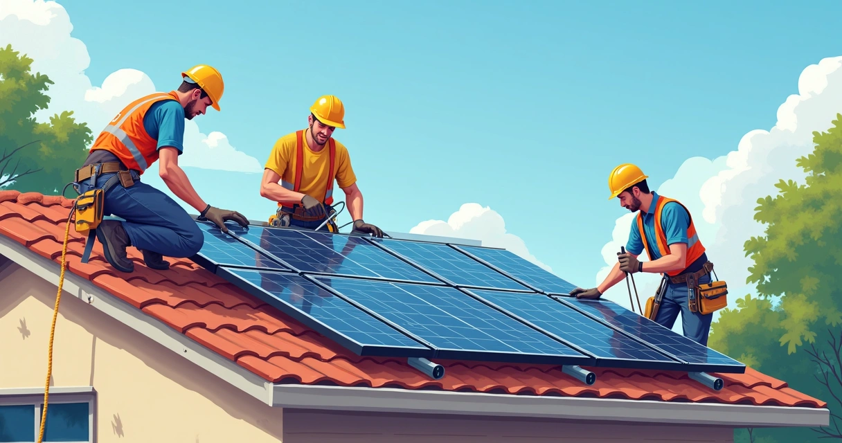 Trabalhadores instalando placas solares em telhado residencial 