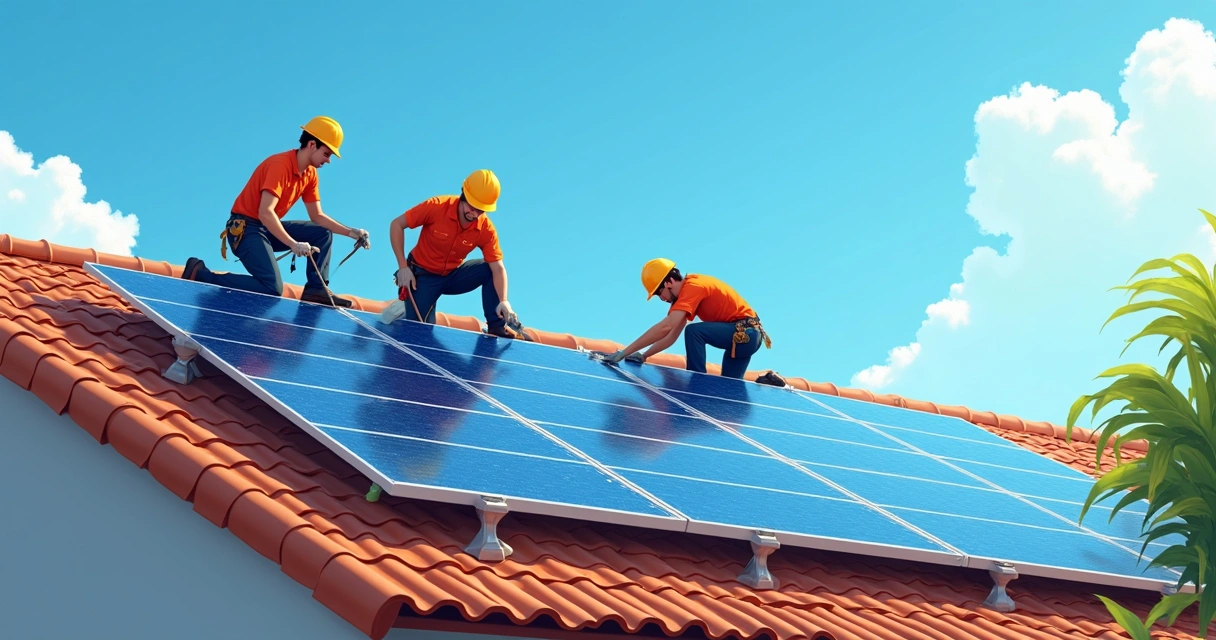 Equipe instalando painéis solares no telhado de uma casa 