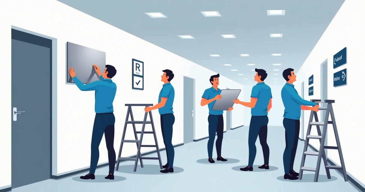 Equipe instalando placas corporativas em corredor empresarial