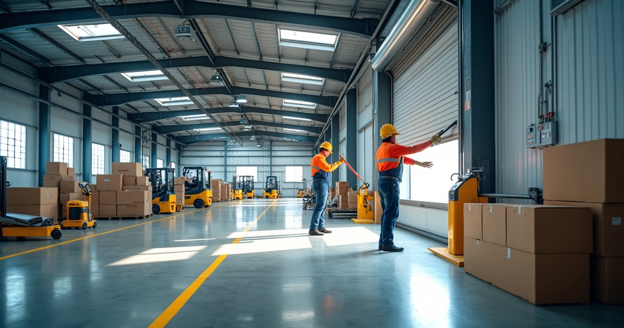 Instalação de porta automática em galpão industrial em funcionamento 