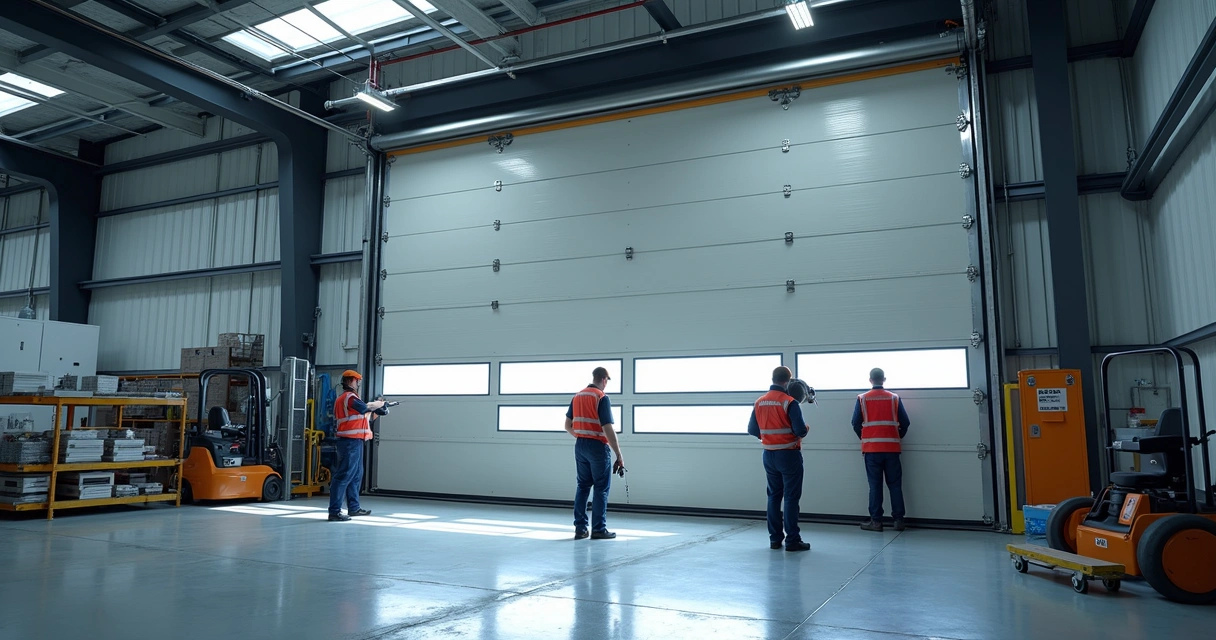Equipe instalando porta automática blindada em galpão industrial 