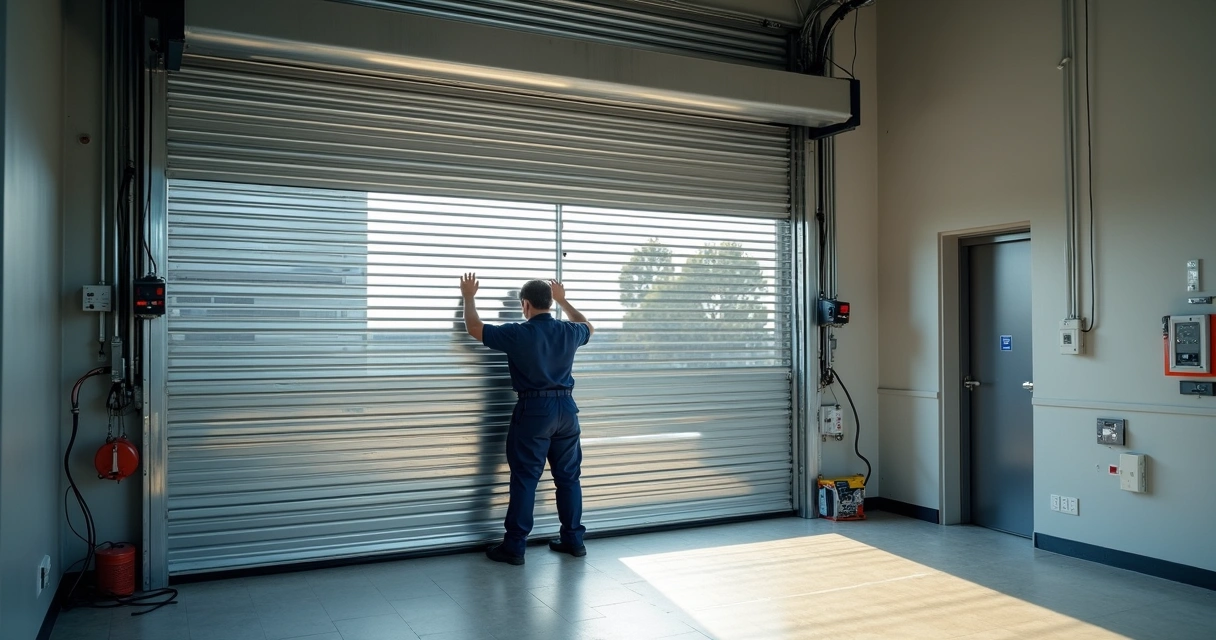 Técnico instalando porta metálica de enrolar automática 