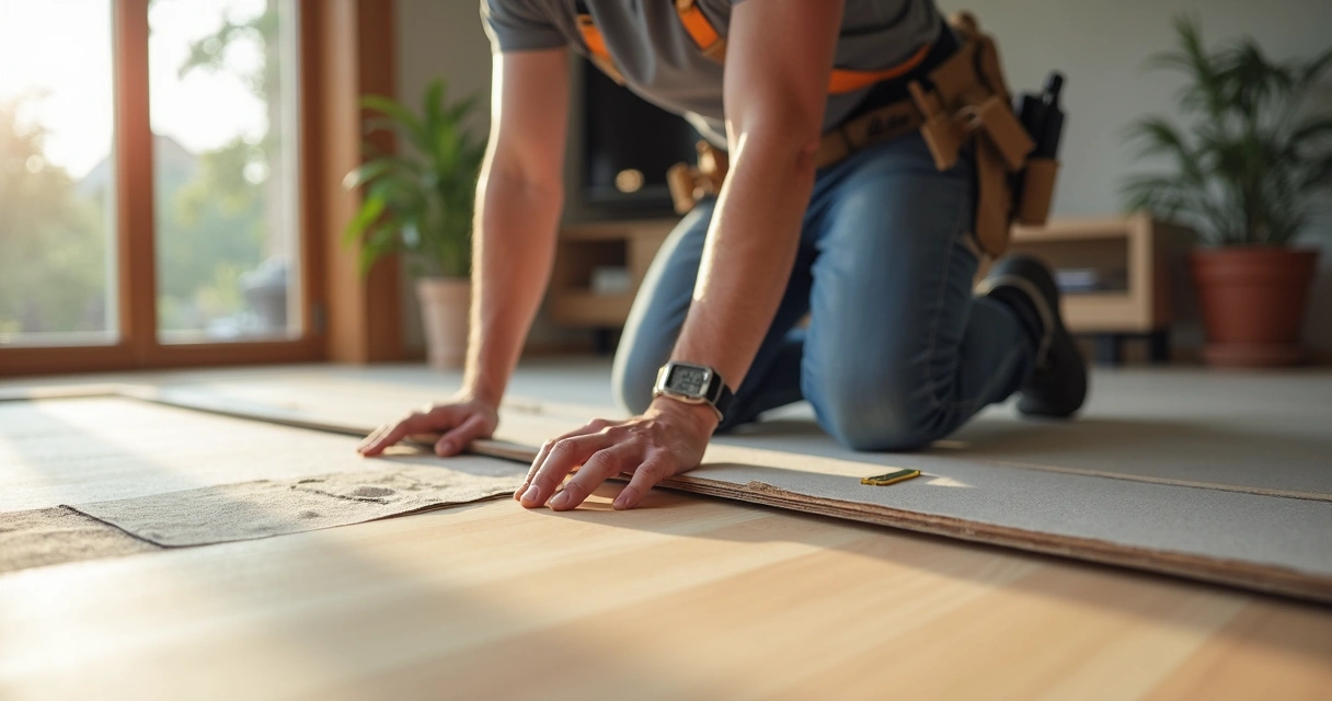 Profissional instalando piso vinílico com precisão em ambiente residencial
