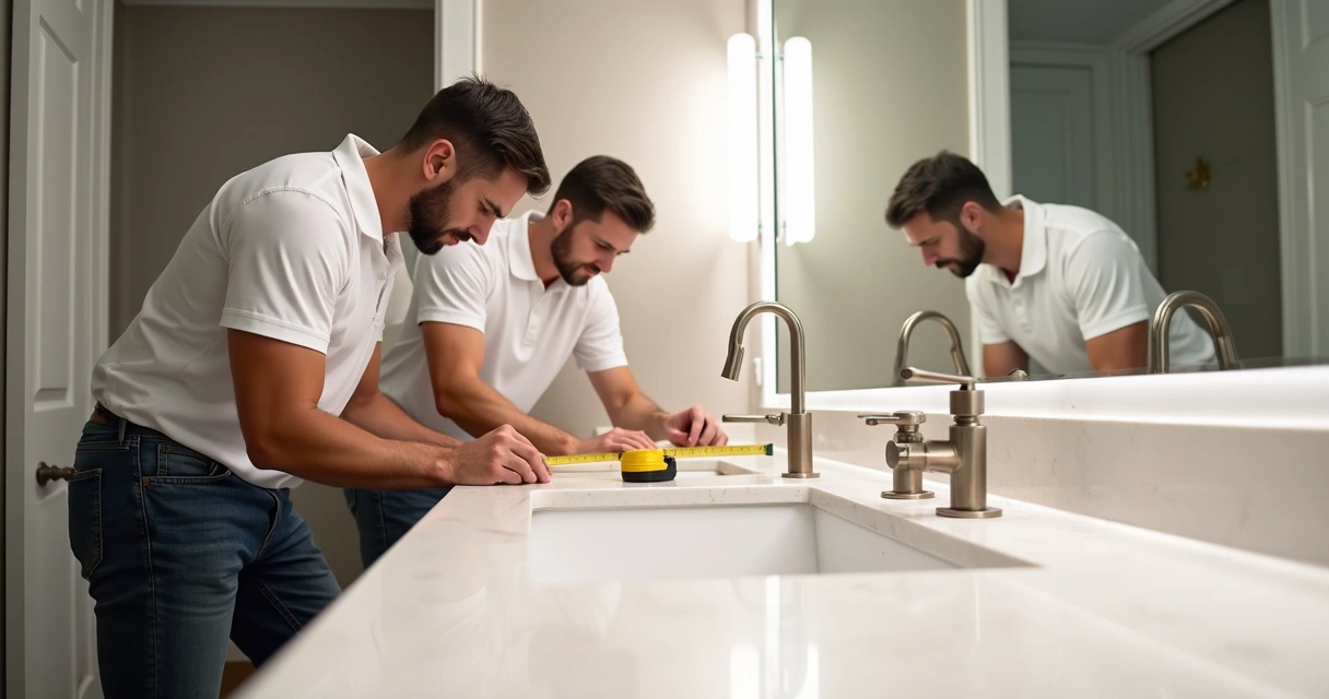 Técnicos instalando bancada de quartzo branco em banheiro elegante 