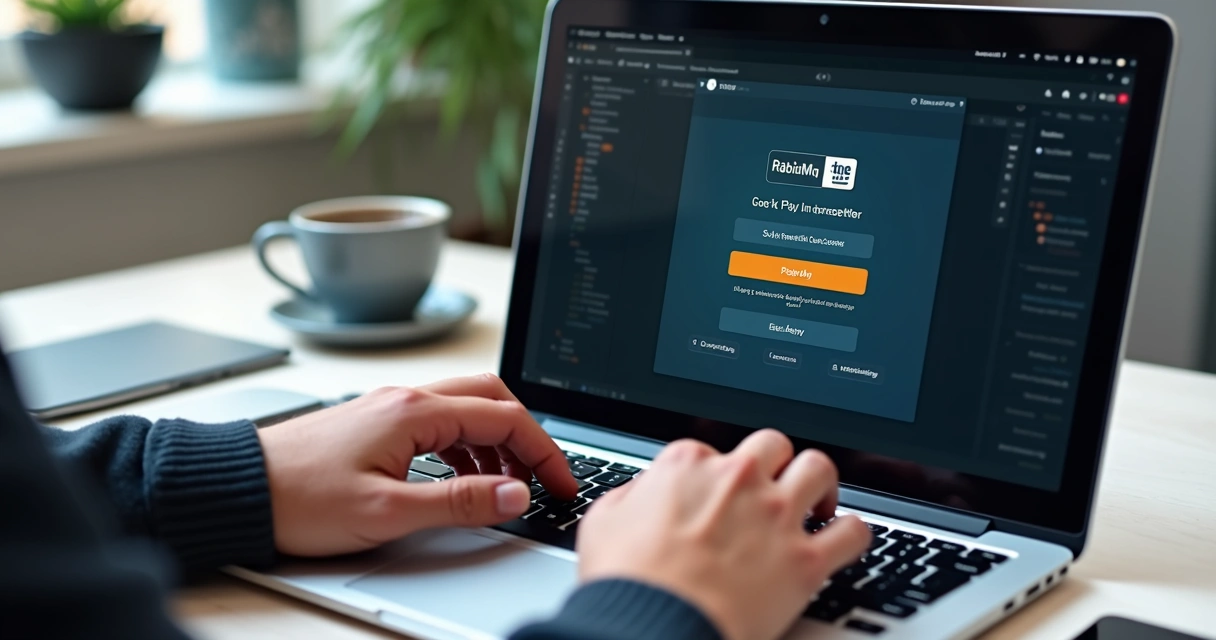 Tela moderna mostrando instalação fácil do RabbitMQ braço de um laptop 