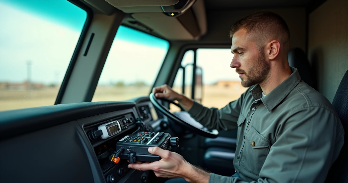 Técnico instalando rádio PX no painel de caminhão 