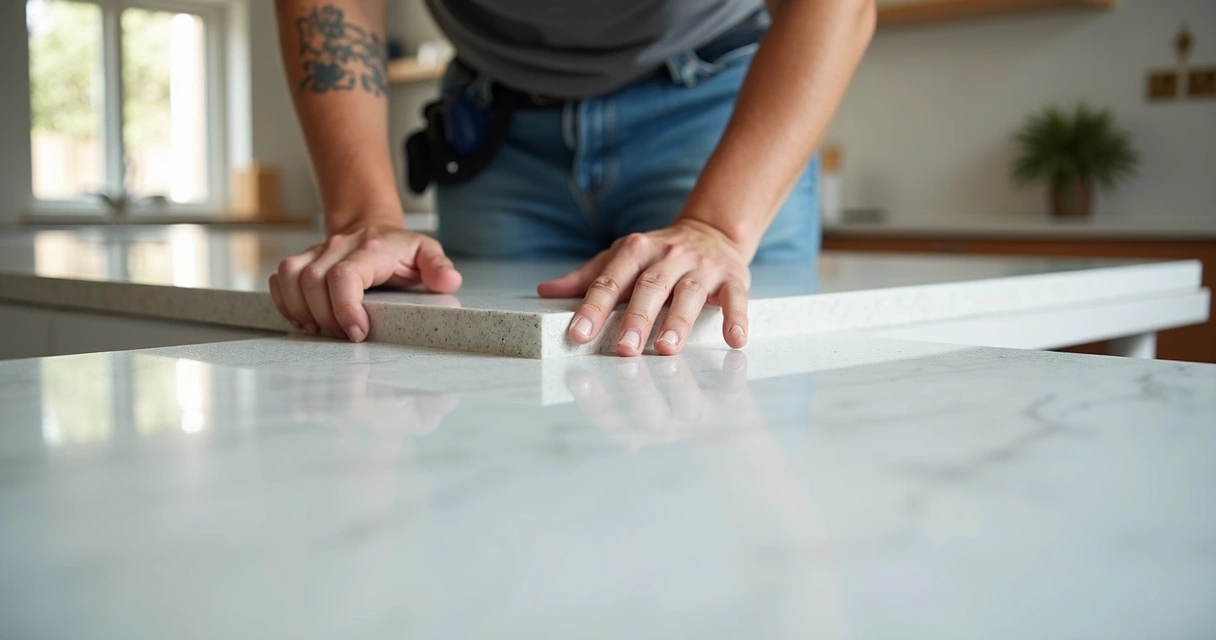 Profissional instalando bancada de quartzo branco em cozinha moderna 