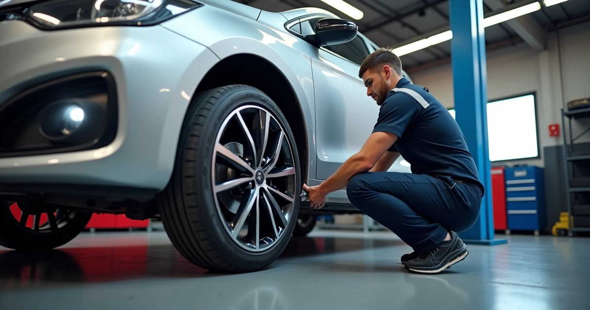 Mecânico instalando roda esportiva em carro moderno sobre elevador 