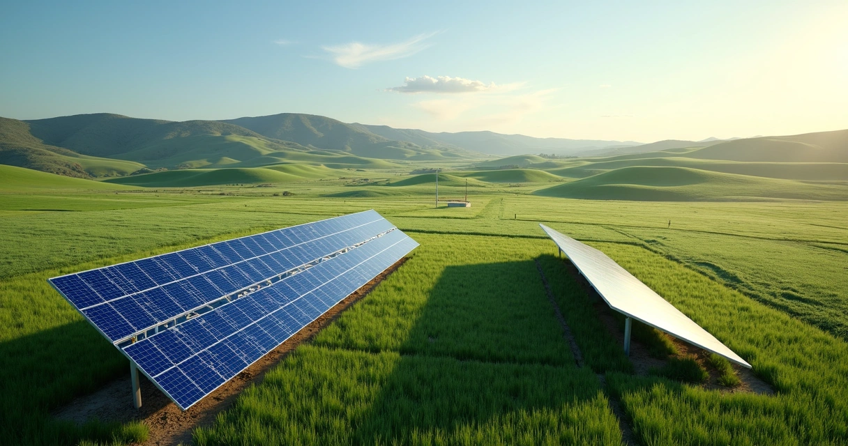 Área rural com painéis solares azuis instalados em solo 