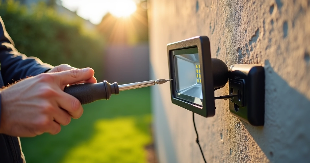 Técnico instalando projetor LED externo com ferramentas 