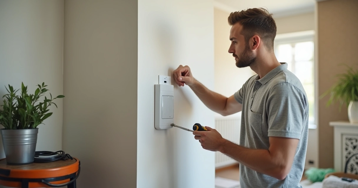 Homem instalando sensor de alarme em parede clara 