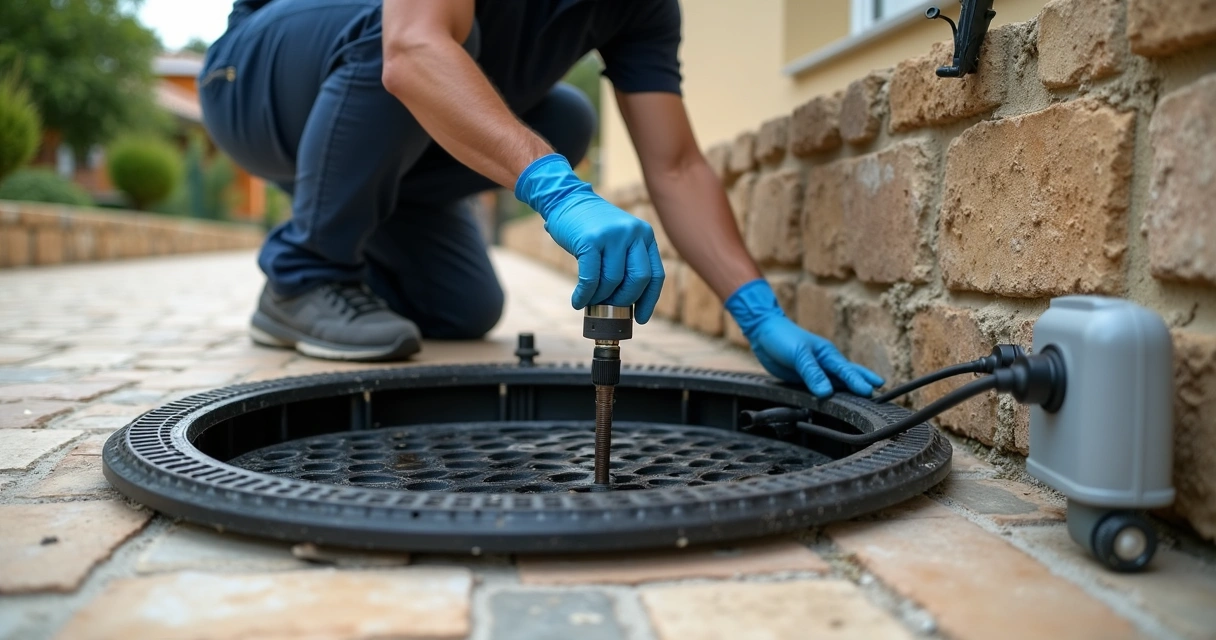 Técnico a instalar sensor de nível junto à tampa da fossa 