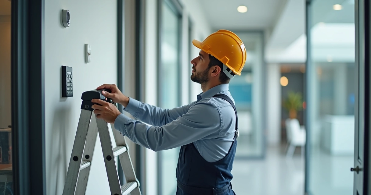 Técnico instalando sensores de alarme em empresa 