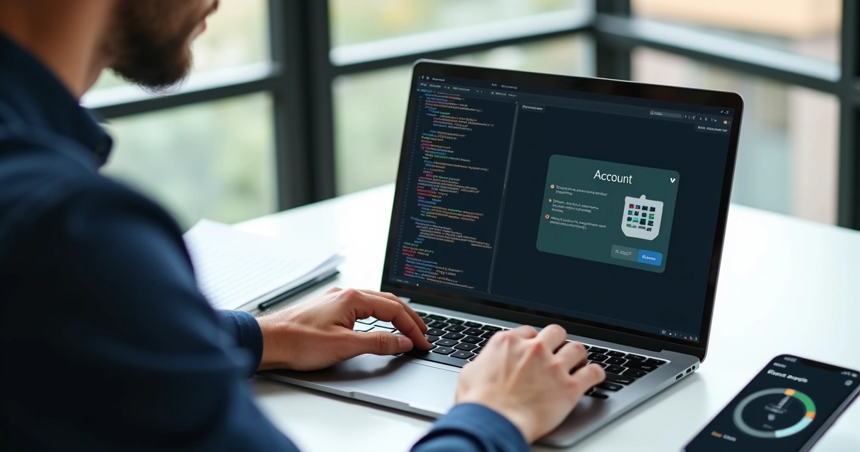 Pessoa instalando software contábil em notebook com código na tela 