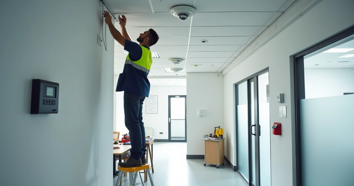 Instalador ajustando câmera de segurança em ambiente comercial 