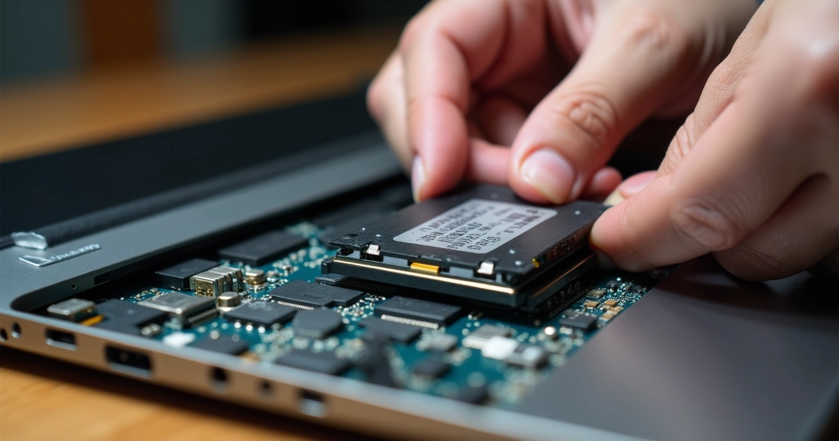 Pessoa instalando SSD em um notebook com detalhes das mãos e do compartimento aberto 