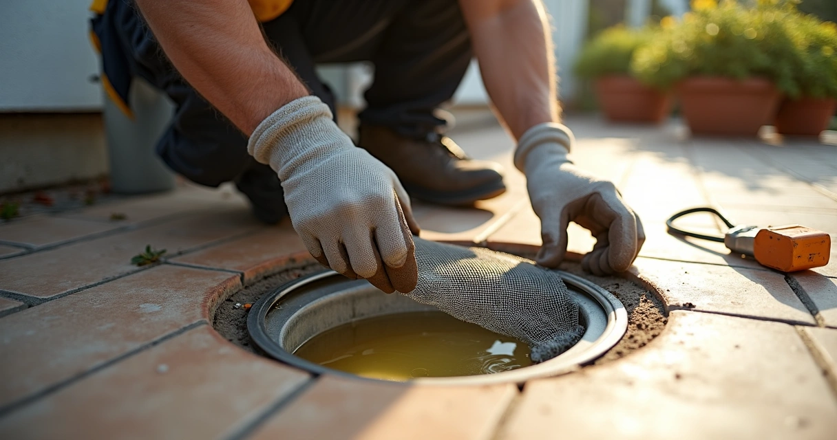 Técnico instalando tela protetora em caixa de gordura 