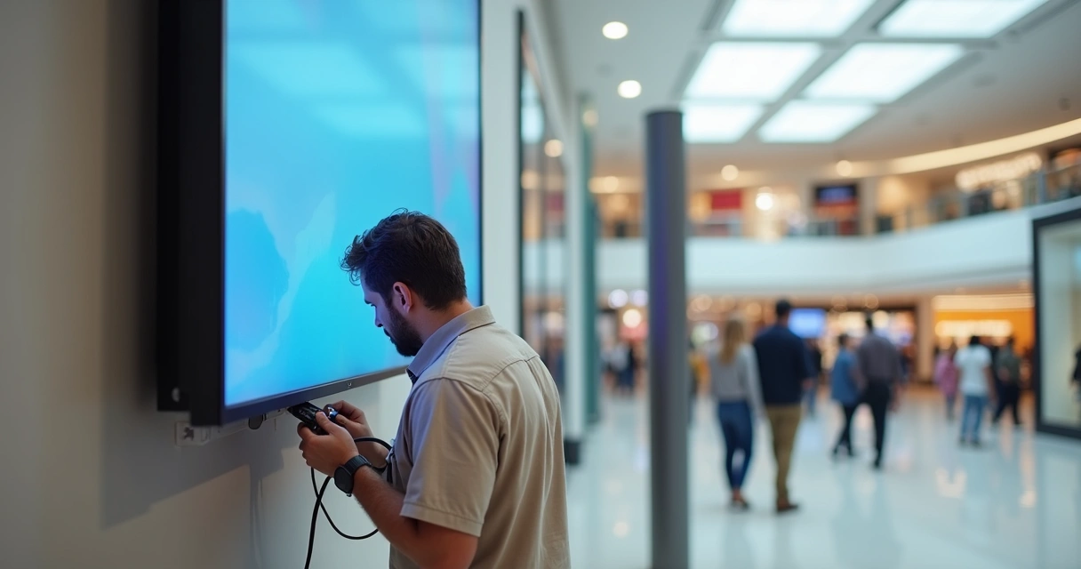 Técnico instalando tela digital em parede de shopping 