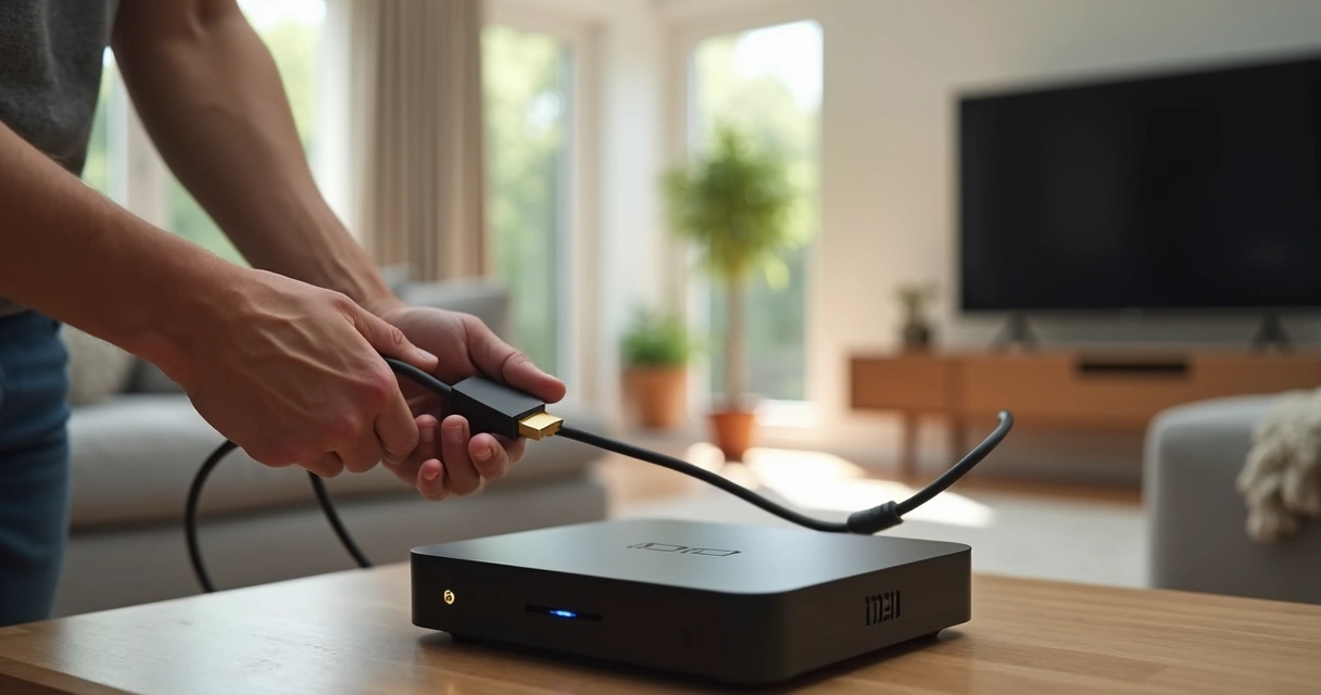 Pessoa conecta cabo HDMI em TV Box preta e TV grande em sala iluminada 