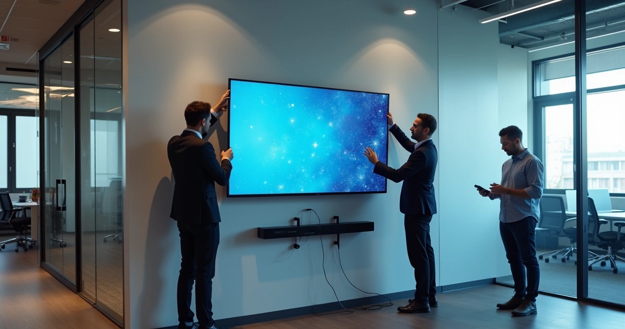 Equipe instalando TV em parede de escritório moderno 