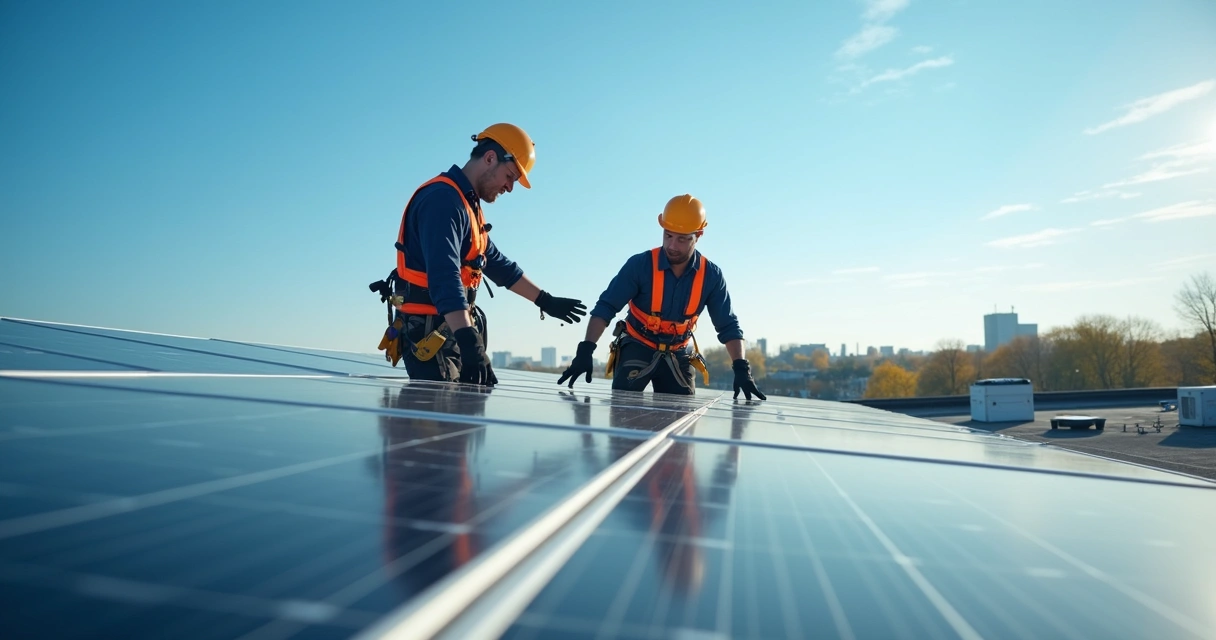 Técnicos instalando painéis solares no telhado de uma empresa