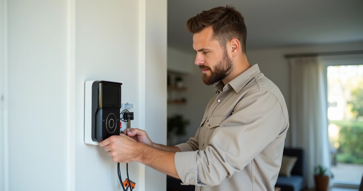 Homem instala interfone com câmera em uma parede branca interna 