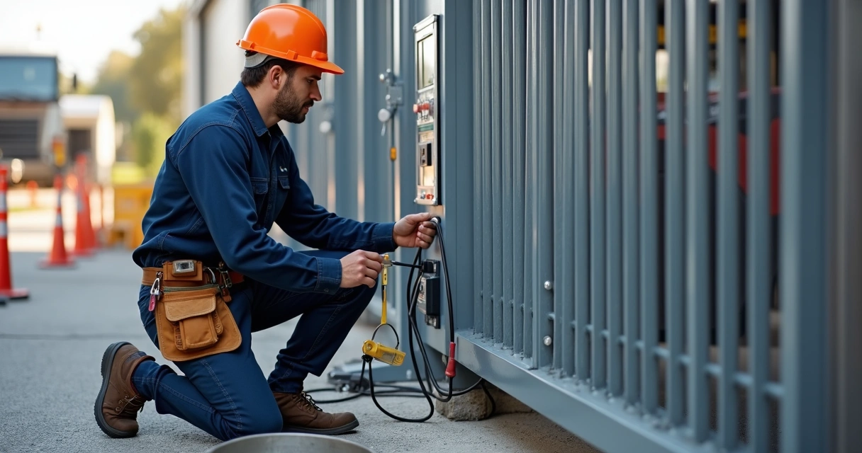 Técnico ajustando sistema eletrônico do portão e central de controle