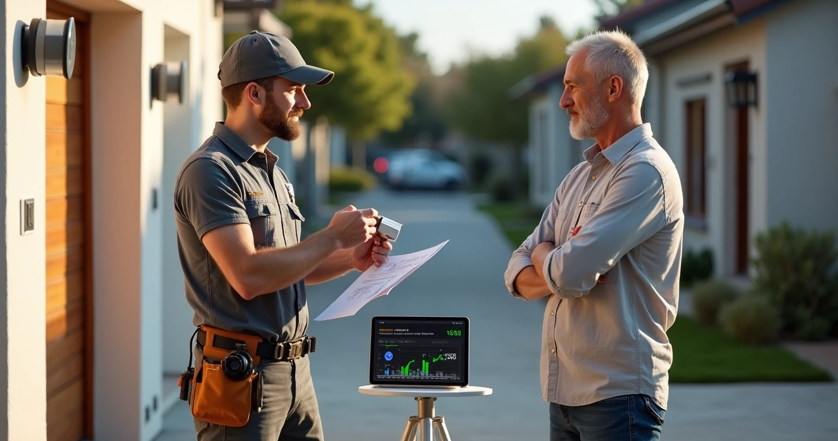 Instalador explicando nova câmera de segurança a cliente em área externa residencial 