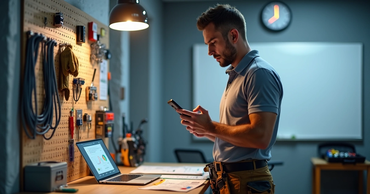 Instalador de segurança conferindo novidades pelo smartphone em bancada de trabalho 