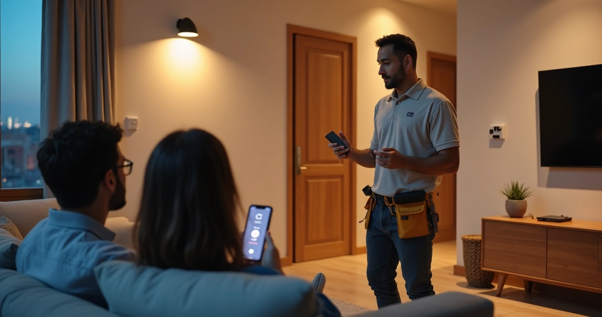 Instalador demonstra automação residencial na sala para casal de clientes 