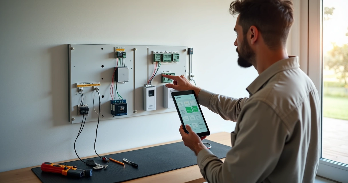 Instalador ajustando painel de automação com tablet ao lado 