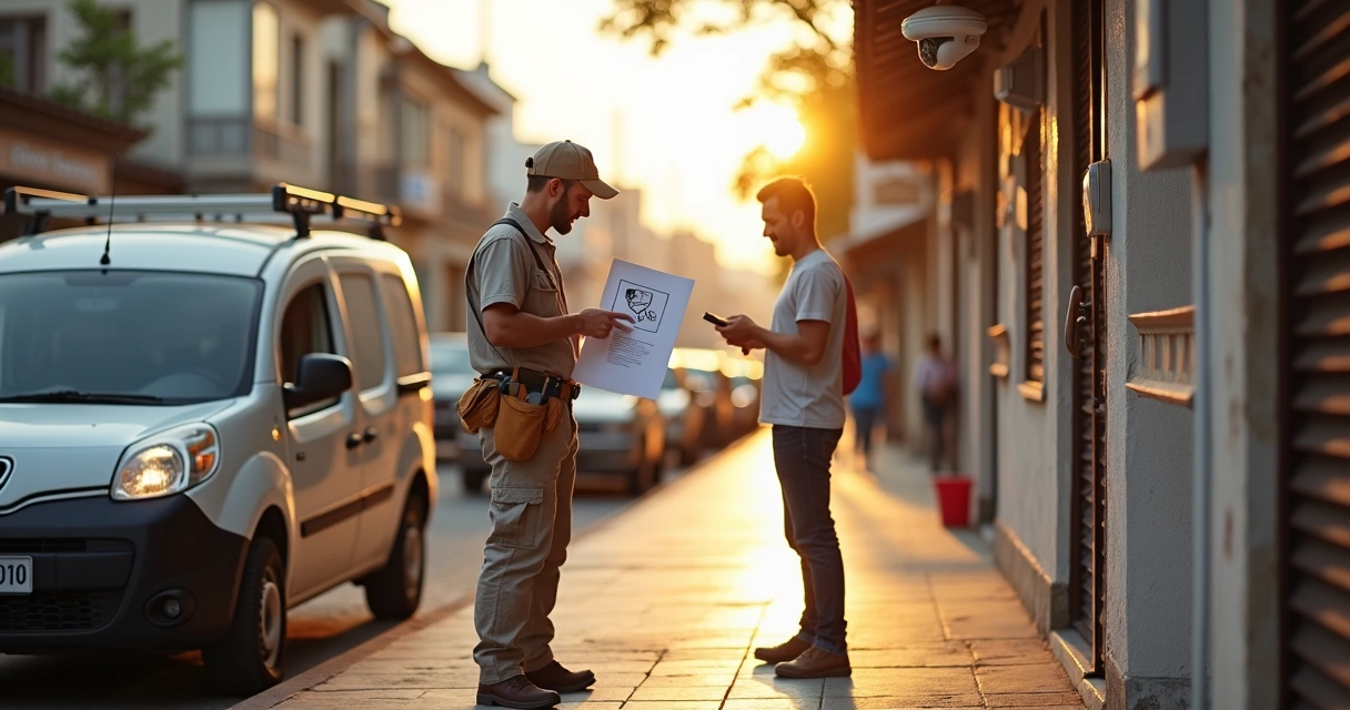 Instalador de segurança eletrônica entregando folheto a morador em rua com comércios ao fundo 