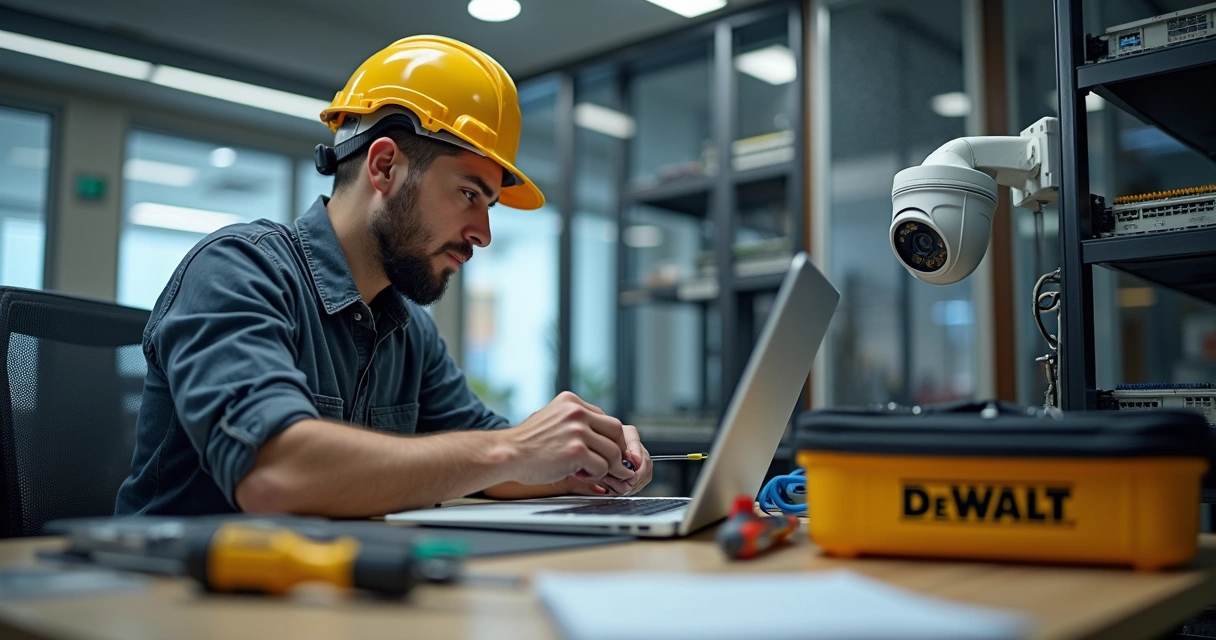 Instalador configurando câmera IP em escritório, com notebook e ferramentas manuais 